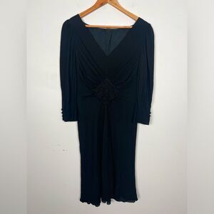 Valentino Vintage Black Aline 3/4 Sleeve Vneck Feminine Viscose Midi Dress